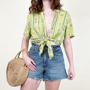Vintage Novelty Shoe Print Button Up Blouse Oversized Top Hawaiian Shirt 90s Y2K